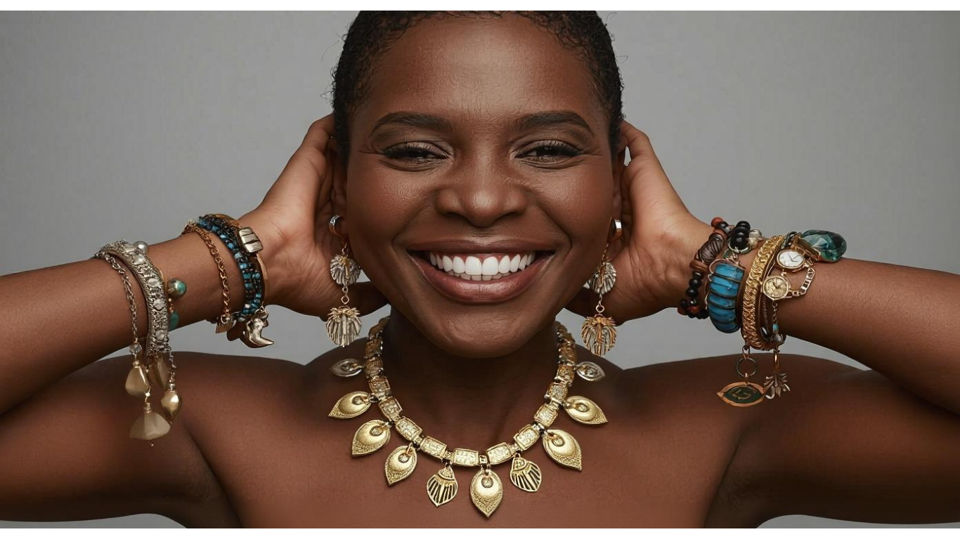 Une femme au sourire éclatant qui porte des bracelets, un collier, des boucles d’oreilles ornés de pendentifs et de charms