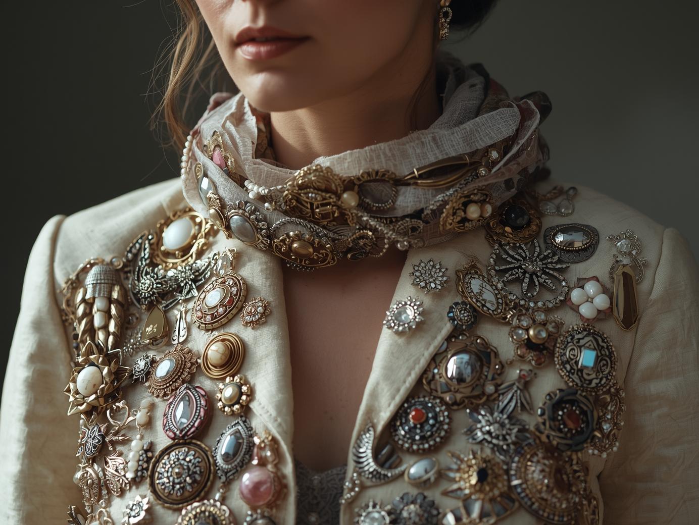 Une femme porte une veste et une écharpe ornées de broches
